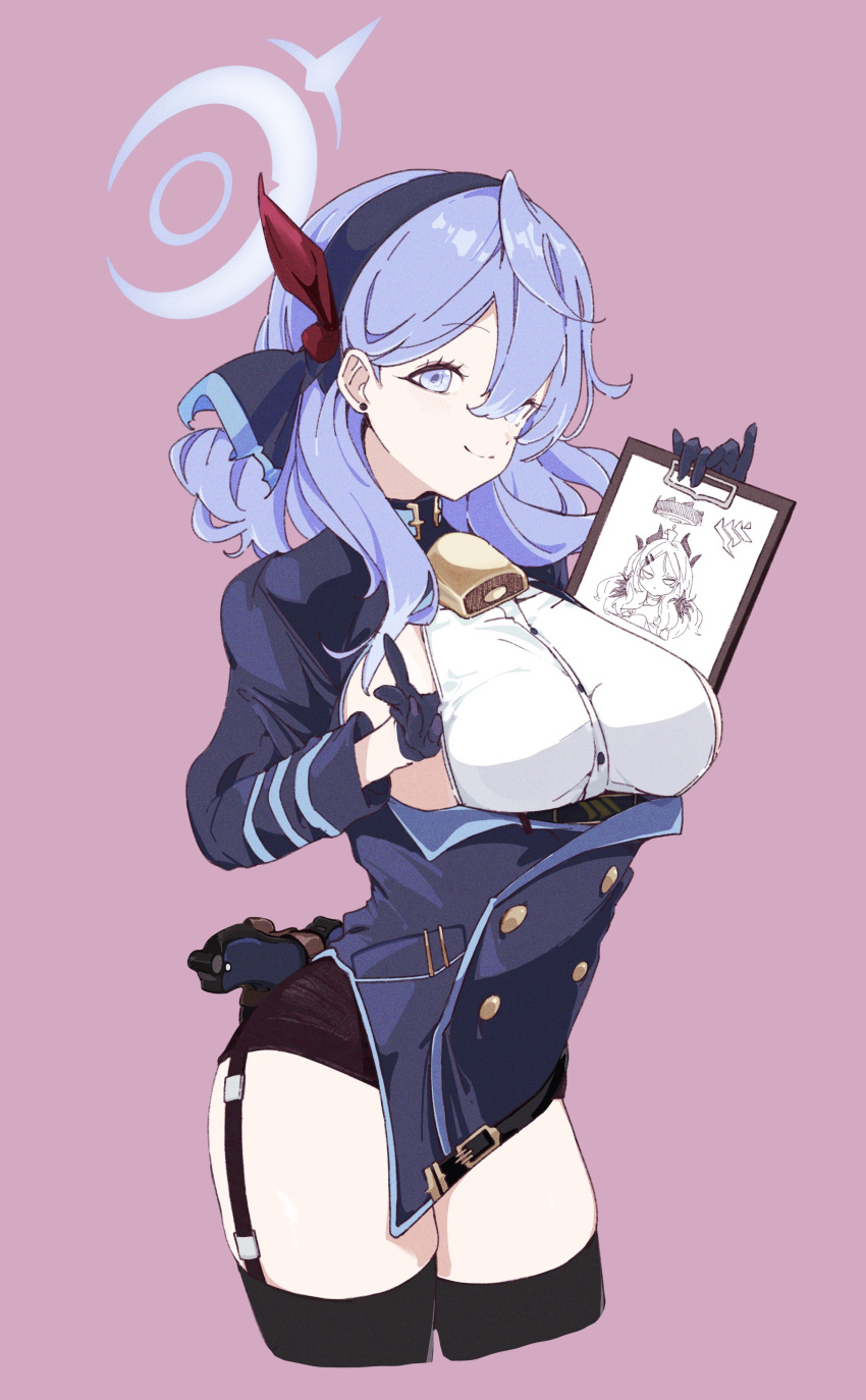 1girl absurdres ako_(blue_archive) bangs bell black_gloves black_legwear black_skirt blue_archive blue_coat blue_eyes blue_hair blue_hairband breasts clipboard closed_mouth coat earrings garter_straps gloves gun hair_between_eyes hair_ribbon hairband half_gloves halo handgun highres jewelry large_breasts long_hair looking_at_viewer luger_p08 miniskirt neck_bell ocha_(popopogg) pink_background red_ribbon ribbon sideboob simple_background skirt smile solo thigh-highs thighs weapon