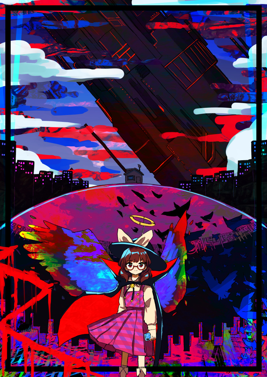 1girl absurdres arms_at_sides bird black_cape black_headwear bow brown_hair building cape closed_mouth clouds collared_shirt commentary eyebrows_visible_through_hair fake_halo glasses halo hat hat_bow highres holding holding_phone house light_smile long_sleeves looking_at_viewer medium_hair multicolored_wings neruzou phone plaid plaid_skirt plaid_vest purple_skirt purple_vest red-framed_eyewear red_cape red_eyes semi-rimless_eyewear shirt skirt skirt_set skyscraper socks solo structure touhou two-sided_cape two-sided_fabric usami_sumireko vest white_bow white_legwear white_shirt wide_shot wings