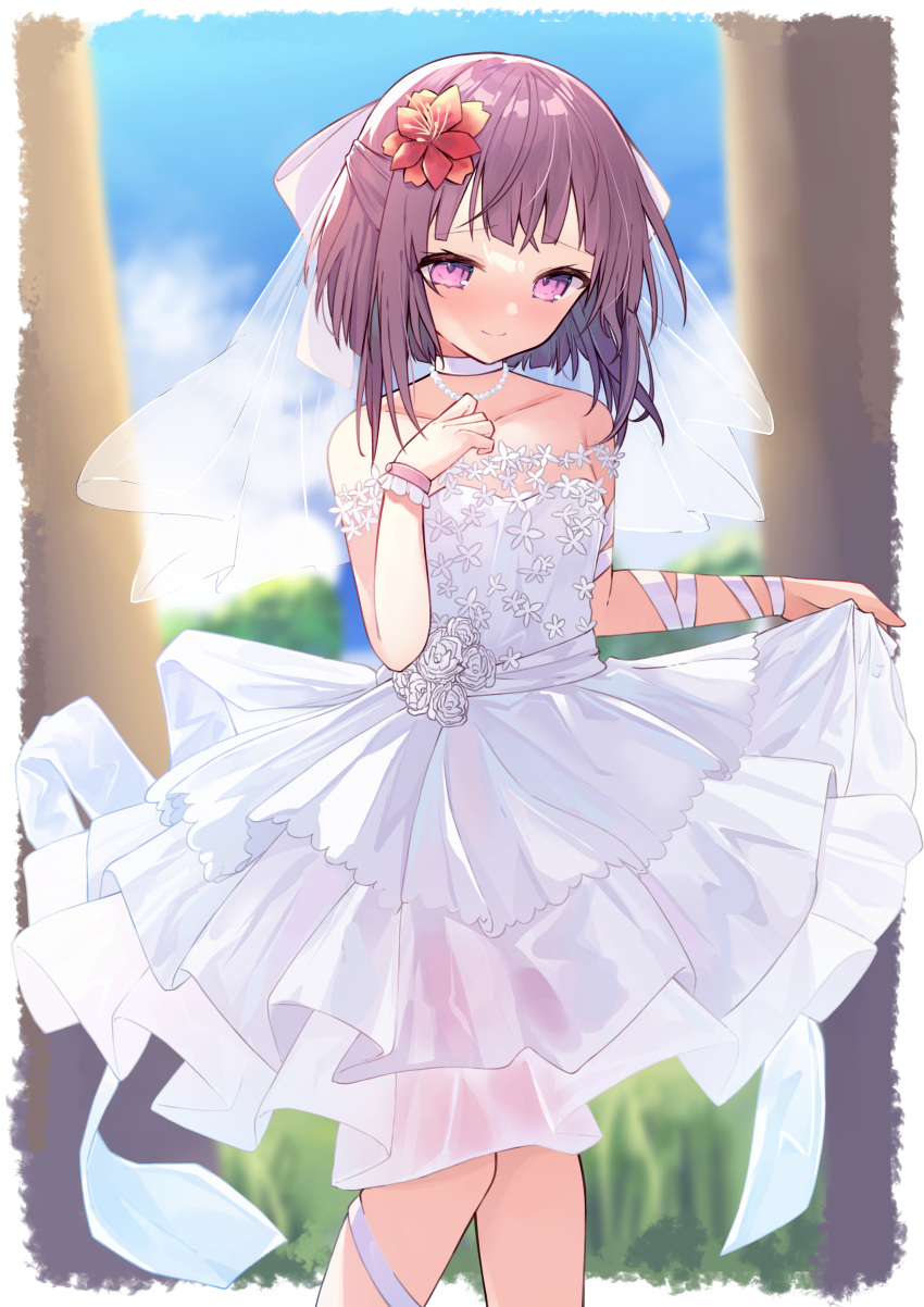 1girl absurdres alternate_costume arm_ribbon bangs bare_legs bare_shoulders blue_sky blush border bow bridal_veil bride brown_hair choker clothes_pull clouds commission commissioner_upload day dress eyebrows_visible_through_hair fallenshadow flat_chest flower frilled_dress frills hair_bow hair_flower hair_ornament hand_on_own_chest highres holding holding_clothes holding_dress indie_virtual_youtuber leg_ribbon legs looking_down medium_hair off_shoulder outdoors petite pink_eyes ribbon ribbon_choker see-through sidelocks single_wristcuff skeb_commission sky smile solo sonoji standing strapless strapless_dress sunlight veil virtual_youtuber waist_bow wedding wedding_dress white_border white_bow white_choker white_dress white_flower white_ribbon wrist_cuffs