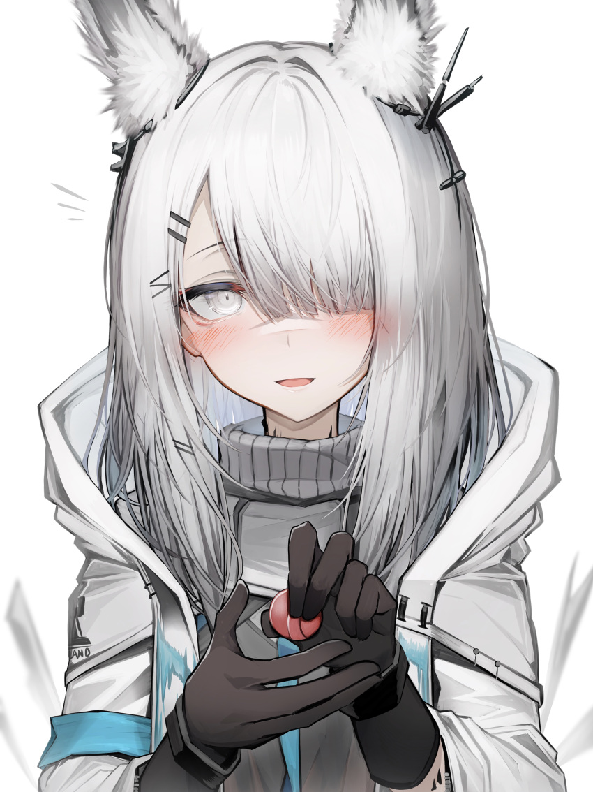 1girl absurdres animal_ears arknights black_gloves blush frostnova_(arknights) gloves hair_ornament hair_over_one_eye hairclip highres jacket looking_at_viewer medium_hair simple_background smile solo tab_head upper_body white_background white_eyes white_hair white_jacket