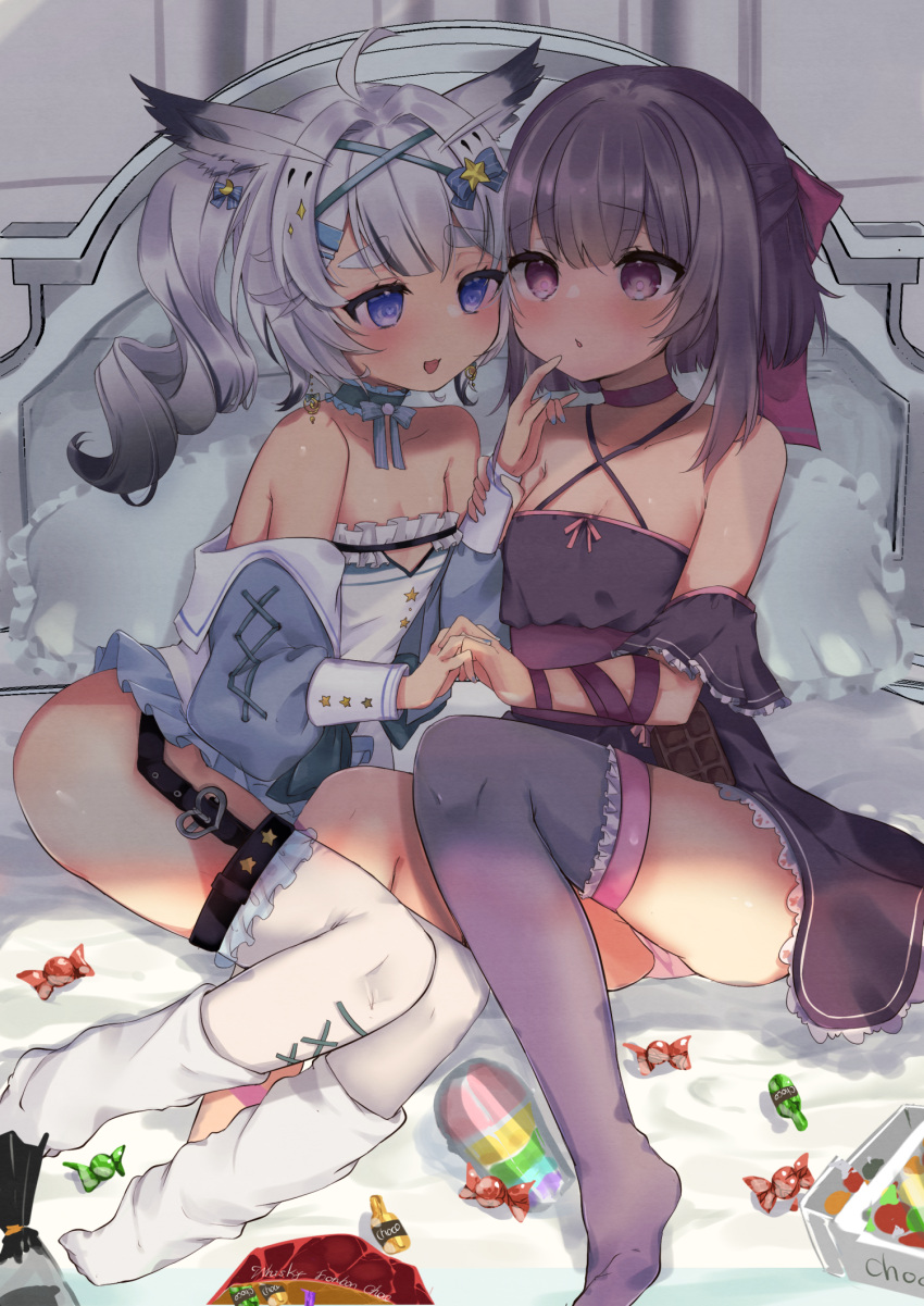 2girls :3 :d :o akahaneko ass bangs bare_shoulders bed bedroom between_legs bird black_dress black_hair blue_choker blue_eyes blue_headwear blue_jacket blush bow brown_hair candy chocolate choker cleavage_cutout clothing_cutout commission commissioner_upload criss-cross_halter dress eye_contact eyebrows_visible_through_hair face-to-face fallenshadow feet flat_chest food food-themed_clothes food-themed_ornament frilled_dress frilled_legwear frills full_body garter_belt garter_straps grey_legwear hair_bow hair_ornament halterneck hand_on_another's_face heart heart-shaped_pupils highres holding_another's_wrist holding_hands indie_virtual_youtuber interlocked_fingers jacket legs_together looking_at_another medium_hair mikazuki_silvi multicolored_hair multiple_girls non-web_source off_shoulder open_mouth owl owl_ears owl_girl panties panty_peek petite pillow pink_bow pink_choker pink_eyes pink_panties pink_ribbon ribbon ribbon_choker shiny shiny_skin short_dress sidelocks single_thighhigh single_wristcuff skeb_commission smile smug star_(symbol) star_hair_ornament symbol-shaped_pupils thick_eyebrows thigh-highs thighs twintails underwear virtual_youtuber waist_bow white_background white_hair white_legwear wrist_cuffs yuri zettai_ryouiki