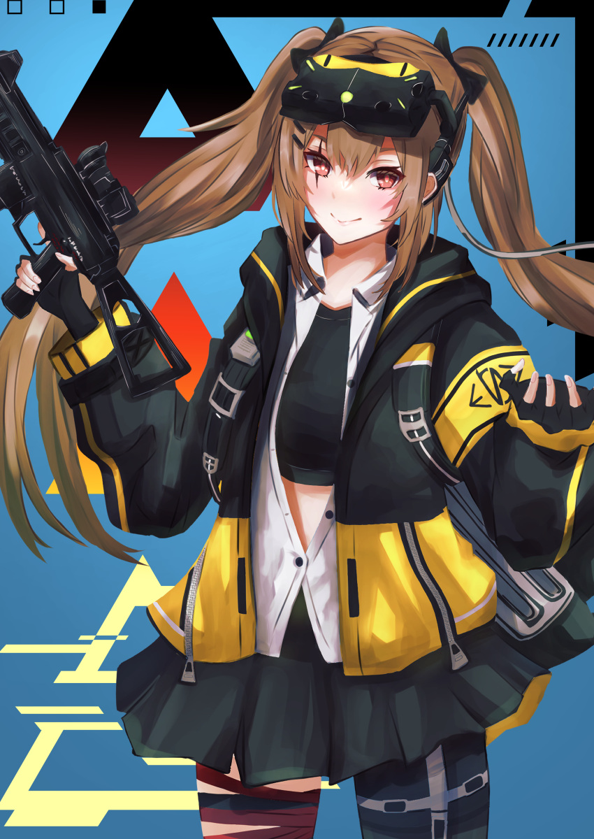 1girl absurdres bangs black_bow black_gloves black_skirt black_tank_top blush bow brown_hair closed_mouth crop_top eyebrows_visible_through_hair feet_out_of_frame fingerless_gloves girls_frontline gloves gun h&amp;k_ump h&amp;k_ump9 hair_bow hair_ornament hairclip highres holding holding_gun holding_weapon jacket long_hair looking_at_viewer multicolored_clothes multicolored_jacket night_vision_device open_clothes open_jacket r9k1 red_eyes scar scar_across_eye skirt smile solo standing submachine_gun tank_top twintails ump9_(girls'_frontline) weapon