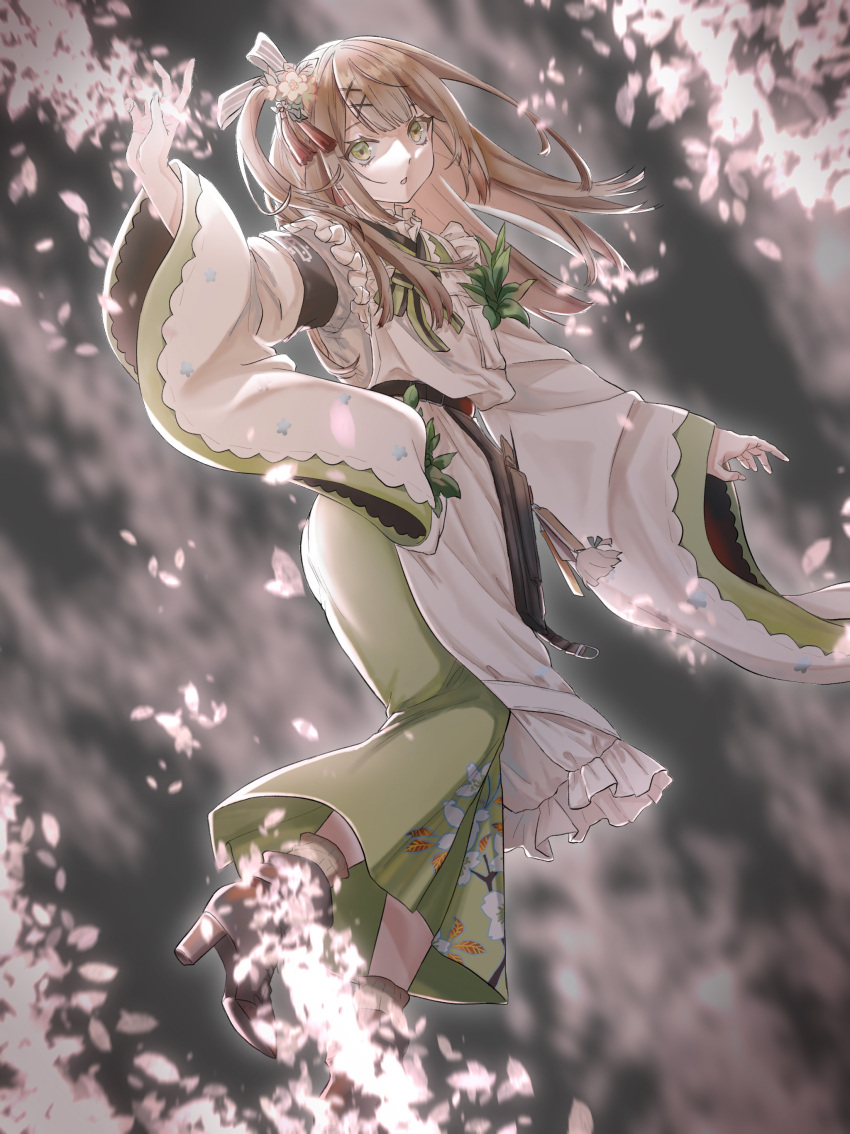 1girl :o absurdres apron arm_up bangs cherry_blossoms chinese_commentary eyebrows_visible_through_hair finellen floral_print flower frilled_apron frills full_body girls'_frontline_neural_cloud girls_frontline green_eyes green_kimono hair_flower hair_ornament highres japanese_clothes kimono light_brown_hair long_hair looking_at_viewer open_mouth sakuya_(girls'_frontline_nc) solo white_apron wide_sleeves