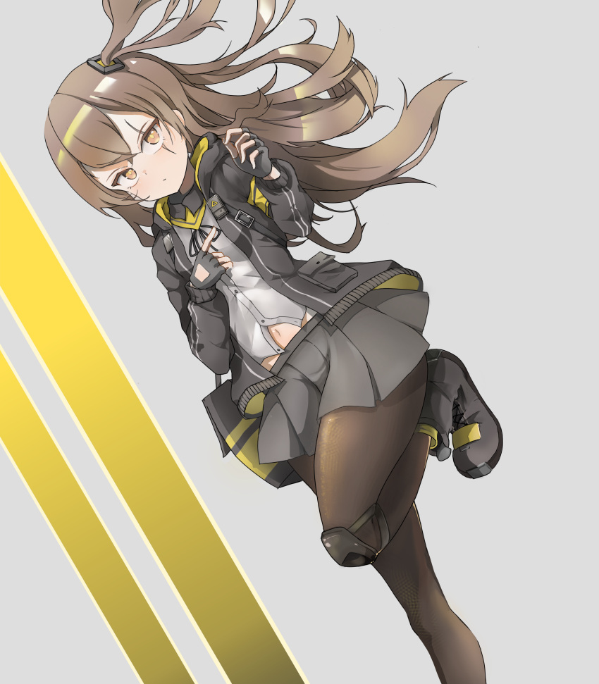 1girl absurdres bangs black_footwear black_legwear blush boots breasts brown_hair closed_mouth eyebrows_visible_through_hair fingerless_gloves girls_frontline gloves grey_gloves grey_jacket grey_skirt hair_ornament hairclip highres jacket knee_pads lezard18 light_brown_eyes long_hair looking_at_viewer navel neck_ribbon open_clothes open_jacket pantyhose ribbon scar scar_across_eye shirt side_ponytail simple_background skirt small_breasts solo standing standing_on_one_leg ump45_(girls'_frontline) white_shirt