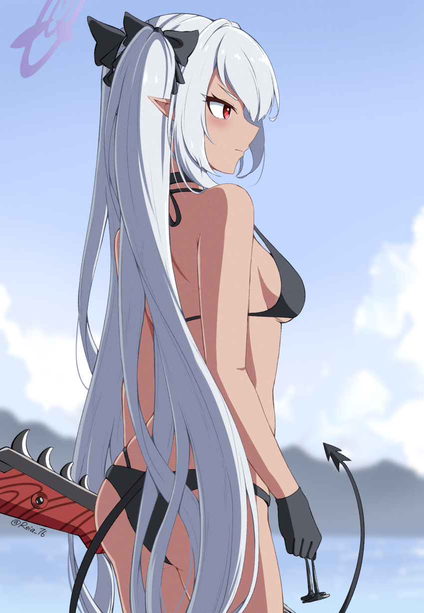 1girl ass bangs bare_back bikini black_bikini black_gloves blue_archive blue_sky blurry breasts clouds cloudy_sky commentary_request dark_skin demon_girl demon_tail depth_of_field eyebrows_visible_through_hair gloves gun hair_between_eyes halo highres holding holding_gun holding_weapon iori_(blue_archive) long_hair midriff mountainous_horizon ocean pointy_ears red_eyes reia_76 rifle sideboob sidelocks silver_hair sky solo swimsuit tail twintails twitter_username weapon