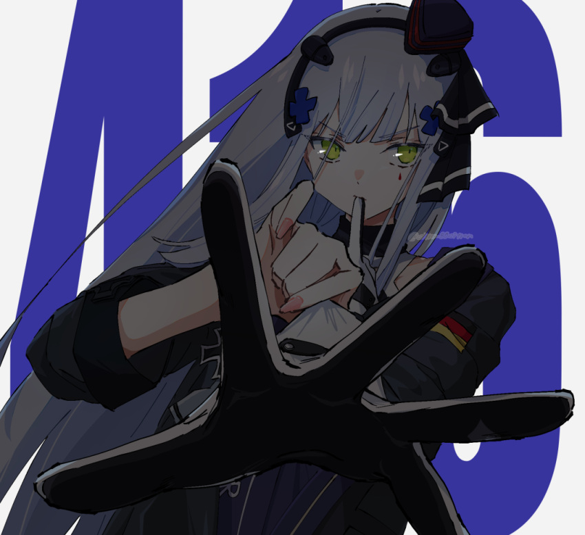 1girl black_headband citron80citron eyebrows_visible_through_hair fingernails german_flag girls_frontline gloves green_eyes hair_ornament headband hk416_(girls'_frontline) long_hair mod3_(girls'_frontline) nail_polish silver_hair simple_background solo tactical_clothes teardrop_facial_mark teardrop_tattoo twitter_username white_gloves x_hair_ornament