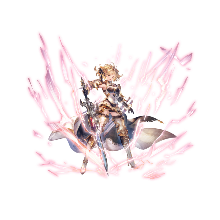 1girl arm_at_side armored_boots blonde_hair boots breasts brown_eyes djeeta_(granblue_fantasy) granblue_fantasy high_heel_boots high_heels holding holding_sword holding_weapon lightning medium_breasts minaba_hideo official_art open_mouth relic_buster_(granblue_fantasy) short_shorts shorts solo standing sword thigh-highs thigh_boots third-party_source transparent_background weapon