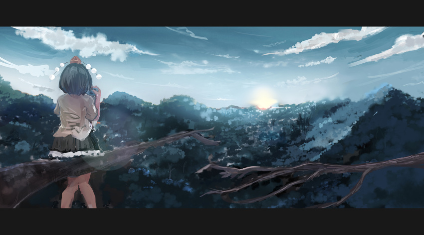 1girl black_hair black_skirt branch camera clouds commentary facing_away forest from_behind hat highres hinata_x_yui holding holding_camera letterboxed nature outdoors pom_pom_(clothes) red_headwear scenery shameimaru_aya shirt short_hair short_sleeves sitting skirt sky solo sunrise tokin_hat touhou tree white_shirt wide_shot