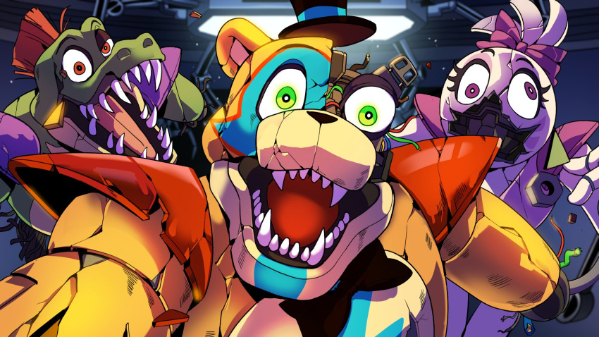 1girl 2boys animal_robot bow bowtie building cable chica crack cracked_skin eyeshadow five_nights_at_freddy's five_nights_at_freddy's:_security_breach freddy_fazbear fullbban_g furry furry_male gears glamrock_chica glamrock_freddy green_eyes hat highres incoming_attack looking_at_viewer makeup mohawk montgomery_gator multiple_boys one_eye_closed open_mouth pink_eyes red_eyes robot sharp_teeth shatter shoulder_pads teeth tongue workshop
