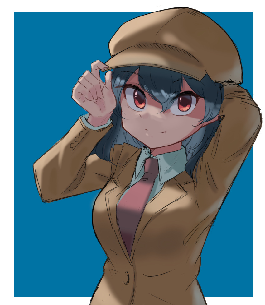 1girl 5alive adjusting_clothes adjusting_headwear arm_behind_head black_hair blue_background border breasts brown_headwear brown_jacket cabbie_hat closed_jacket closed_mouth commentary_request flat_cap happy hat highres jacket medium_breasts medium_hair necktie no_wings pointy_ears red_eyes red_necktie shameimaru_aya shameimaru_aya_(newsboy) smile suit_jacket tengu touhou upper_body white_border