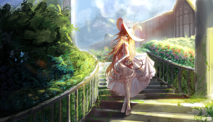 1girl absurdres aqua_eyes architecture bangs blonde_hair boots bush charlotte_(counter:side) commentary_request counter:side dress elbow_gloves flower frilled_dress frills from_behind full_body gloves hair_between_eyes hat hat_feather hat_ribbon highres korean_commentary layered_dress light light_smile lilac_(k32420276) long_dress long_hair looking_at_viewer looking_back moss parted_lips pink_flower pink_rose plant ribbon rose short_sleeves skirt_hold sky stairs sun_hat thigh-highs thigh_boots tiptoes very_long_hair white_dress white_gloves white_headwear white_legwear