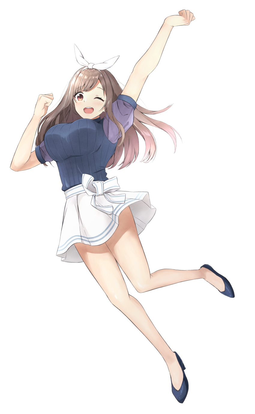 1girl absurdres arms_up bare_legs blue_shirt bow breasts brown_eyes brown_hair eyebrows_visible_through_hair full_body hair_bow high_heels highres idolmaster idolmaster_shiny_colors large_breasts long_hair looking_at_viewer one_eye_closed open_mouth shirt short_sleeves simple_background skirt smile solo toretate_saburou tsukioka_kogane white_background white_bow white_skirt