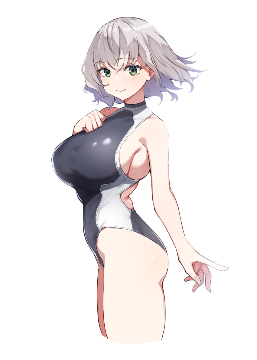 1girl absurdres ass bangs breasts closed_mouth competition_swimsuit eyebrows_visible_through_hair green_eyes grey_hair highres hololive large_breasts looking_at_viewer mm_(mm_chair) one-piece_swimsuit shiny shiny_hair shirogane_noel short_hair smile solo swimsuit thighs virtual_youtuber