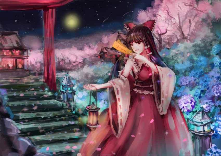 1girl absurdres architecture ba_quzi_mu blue_flower bow brown_eyes brown_hair building cherry_blossoms commentary detached_sleeves east_asian_architecture feet_out_of_frame flower forest frilled_bow frilled_hair_tubes frilled_shirt_collar frills hair_bow hair_tubes hakurei_reimu highres holding holding_lantern hydrangea lantern long_hair looking_at_viewer moon nature night night_sky parted_lips purple_flower red_bow red_skirt red_vest ribbon-trimmed_sleeves ribbon_trim sarashi shrine sidelocks skirt skirt_set sky solo stairs star_(sky) starry_sky stone_lantern talisman torii touhou tree vest white_sleeves wide_sleeves
