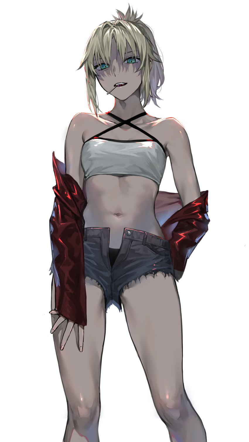 1girl absurdres bandeau bangs bare_shoulders blonde_hair braid breasts collarbone cutoffs denim denim_shorts fate/apocrypha fate_(series) french_braid green_eyes hair_ornament hair_scrunchie highres jacket long_hair looking_at_viewer mordred_(fate) mordred_(memories_at_trifas)_(fate) navel nipi27 open_mouth parted_bangs ponytail red_jacket scrunchie short_shorts shorts solo thighs
