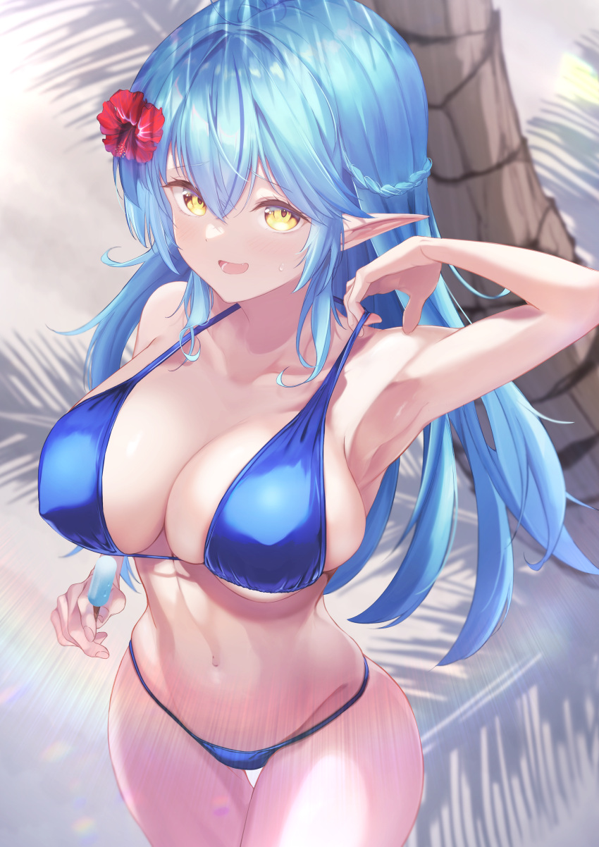 1girl absurdres armpits bangs beach bikini blue_bikini blue_hair braid breasts colored_tips covered_nipples elf eyebrows_visible_through_hair flower food hair_between_eyes hair_flower hair_ornament half_updo highres hololive large_breasts long_hair looking_at_viewer multicolored_hair navel open_mouth outdoors pointy_ears popsicle smile solo sora_shitatoge standing streaked_hair swimsuit very_long_hair virtual_youtuber yellow_eyes yukihana_lamy