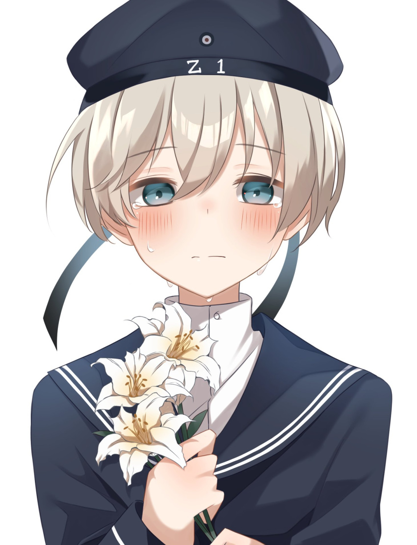 1girl black_dress black_headwear black_sailor_collar blue_eyes blush closed_mouth clothes_writing crying crying_with_eyes_open dress eyebrows_visible_through_hair flower hachino_mugi hair_between_eyes hat highres holding holding_flower kantai_collection long_sleeves sailor_collar sailor_dress sailor_hat short_hair silver_hair simple_background solo tears upper_body white_background white_flower z1_leberecht_maass_(kancolle)
