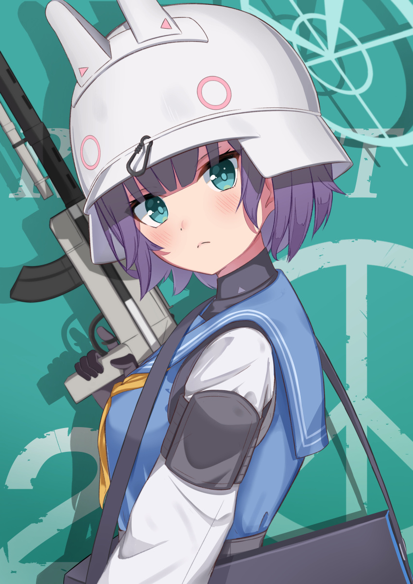 1girl absurdres animal_ears belt belt_pouch black_bag black_belt black_gloves black_undershirt blue_archive blue_eyes blue_sailor_collar blue_serafuku fake_animal_ears gloves gun head_tilt helmet highres lahti-saloranta_m/26 light_machine_gun looking_at_viewer medium_hair military_helmet neckerchief peace_symbol pouch purple_hair rabbit_ears rindou_ringdong sailor_collar saki_(blue_archive) school_uniform serafuku shadow stahlhelm two-tone_skirt uniform weapon yellow_neckerchief