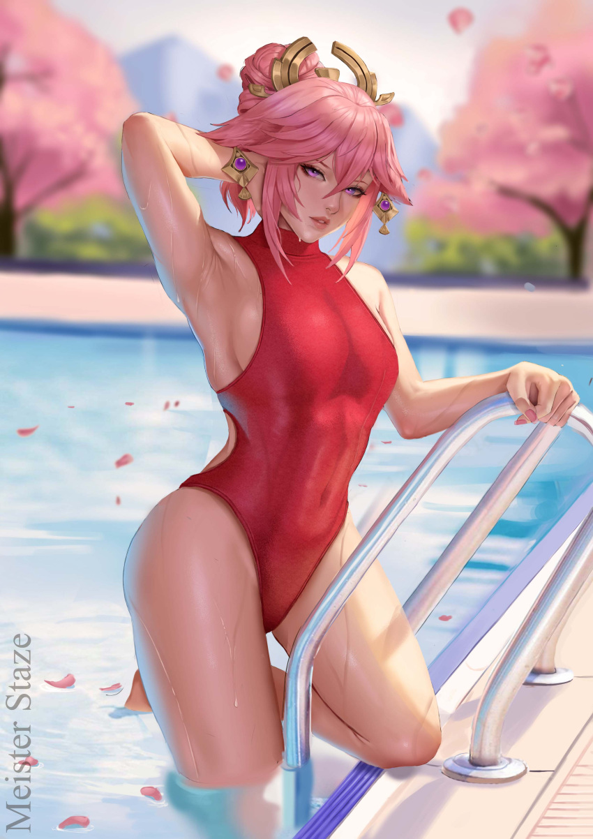 1girl absurdres arm_up armpits artist_name bare_arms breasts cherry_blossoms covered_navel genshin_impact hair_bun hand_in_own_hair highres lips looking_at_viewer medium_breasts meister_staze nail_polish one-piece_swimsuit outdoors parted_lips petals pink_hair pink_nails pool_ladder poolside red_swimsuit sideboob sleeveless swimsuit tree violet_eyes water wet yae_miko