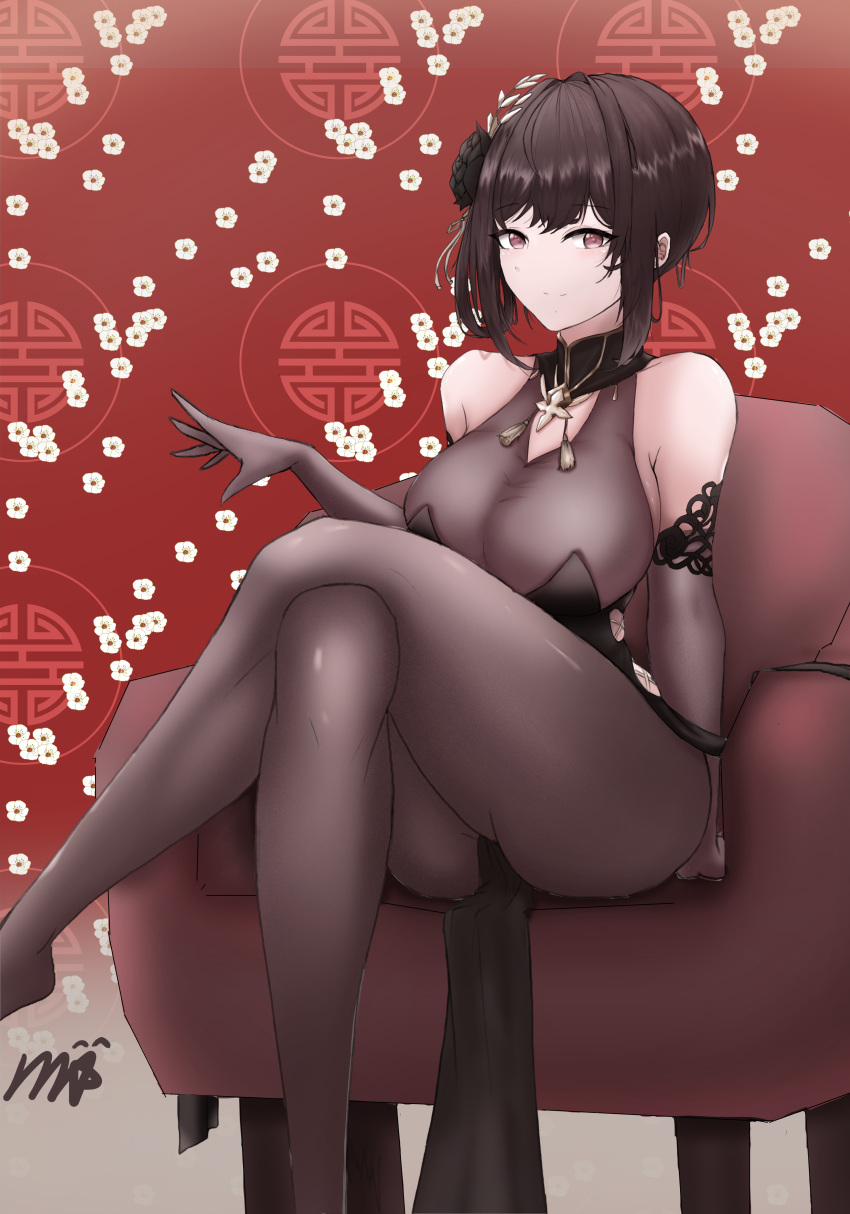1girl absurdres azur_lane bare_shoulders black_dress black_flower black_rose bodystocking breasts brown_gloves brown_hair chair chen_hai_(azur_lane) chen_hai_(vestibule_of_wonders)_(azur_lane) china_dress chinese_clothes crossed_legs dress elbow_gloves feet_out_of_frame flower gloves highres jjh9010 large_breasts looking_at_viewer medium_hair official_alternate_costume pelvic_curtain red_eyes rose signature sitting solo taut_clothes taut_dress tight tight_dress