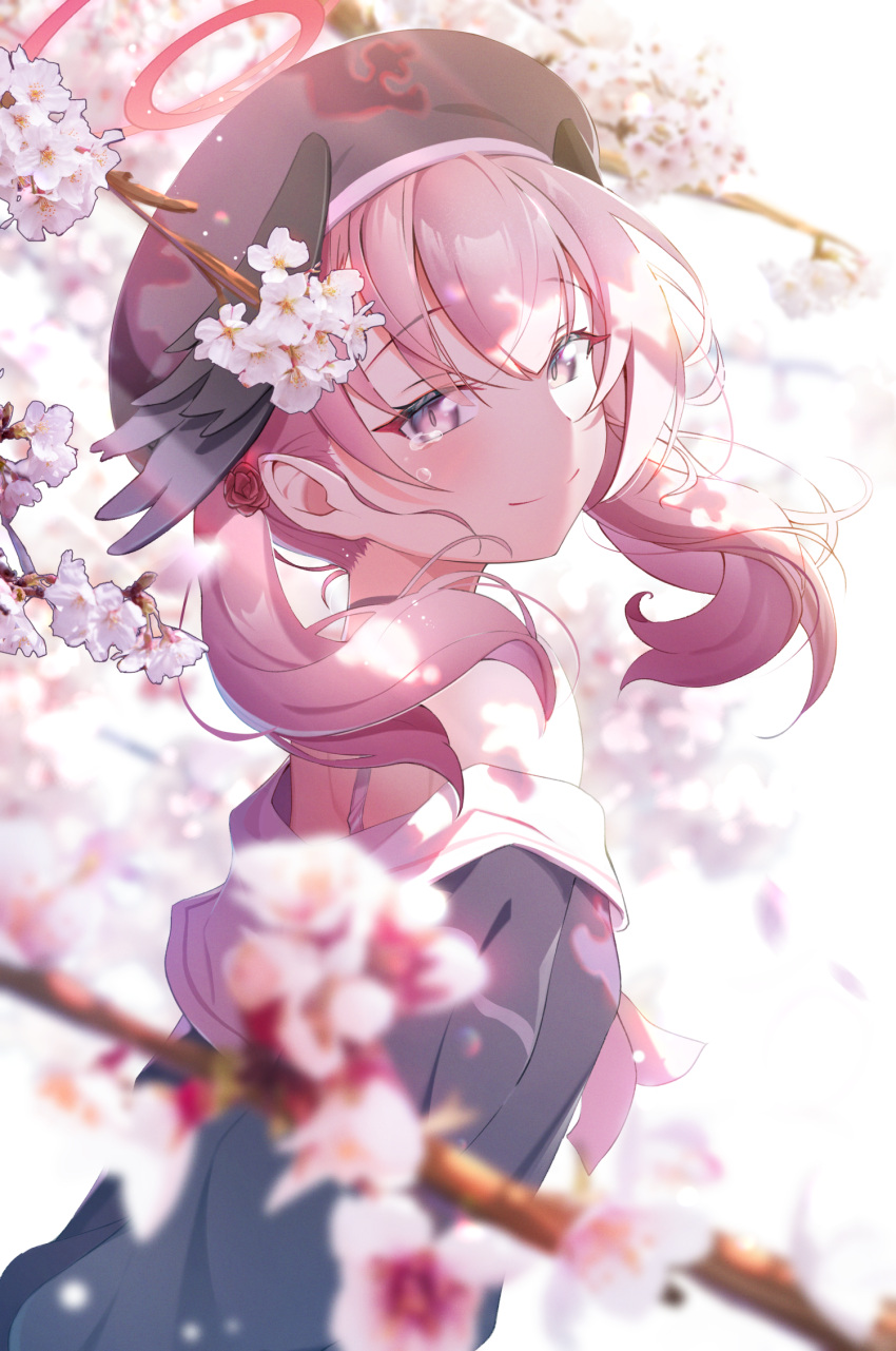 1girl bangs beret black_wings blue_archive blush cherry_blossoms eyebrows_visible_through_hair feathered_wings flower halo hat head_wings highres koharu_(blue_archive) long_hair looking_at_viewer off_shoulder petals pink_eyes pink_flower pink_hair sasatabekung school_uniform smile solo tears twintails winged_hat wings