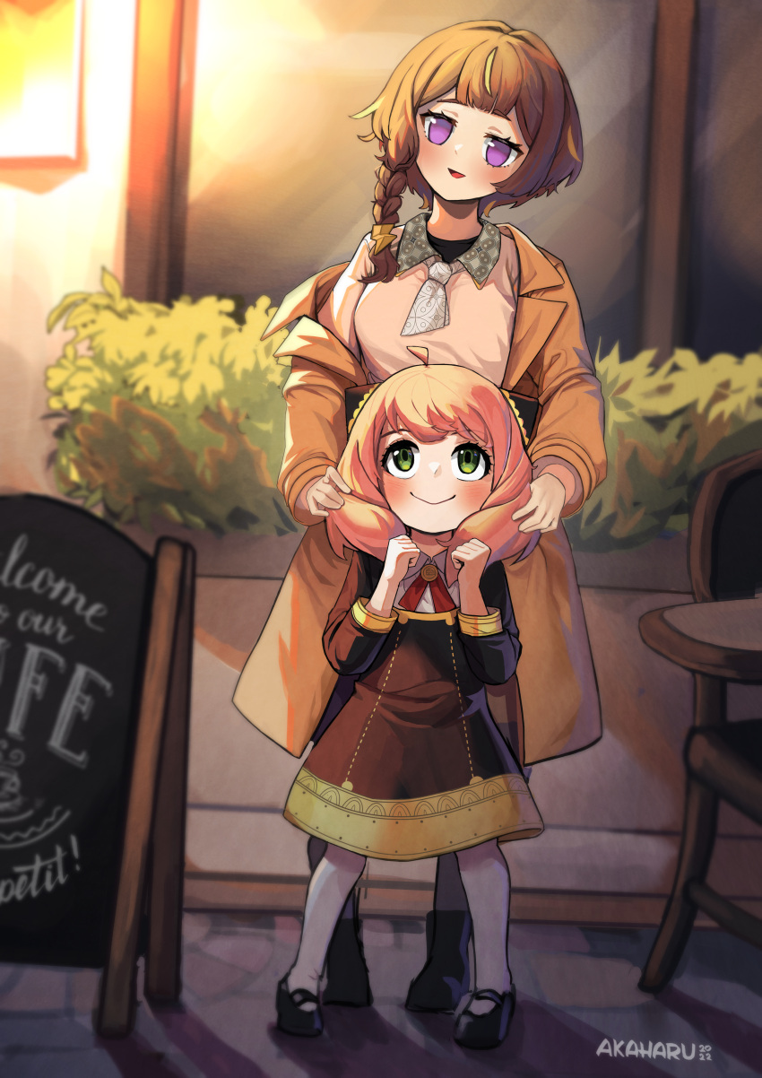 2girls absurdres ahoge akaharuu ankle_boots anya_(spy_x_family) anya_melfissa black_footwear blush boots braid brown_coat brown_hair cafe chair coat crossover green_eyes height_difference highres hololive long_sleeves looking_up mary_janes multiple_girls namesake official_alternate_costume open_clothes open_coat pink_hair pink_shirt sandwich_board shadow shirt shoes short_hair side_braid smile spy_x_family table two-tone_dress violet_eyes virtual_youtuber