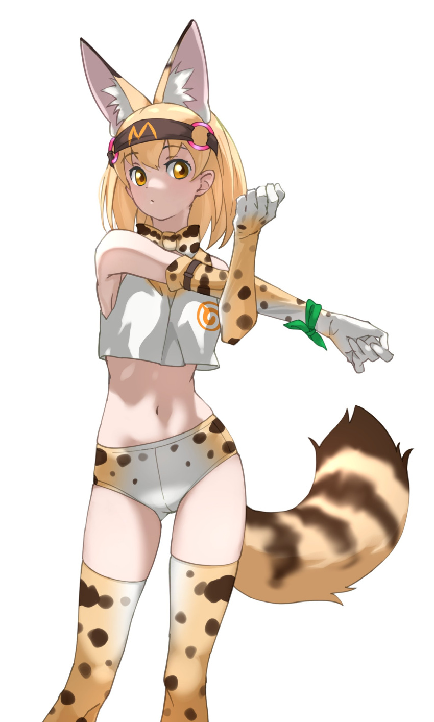 1girl absurdres adapted_costume animal_ears bare_shoulders blonde_hair blush bow bowtie buruma cat_ears cat_girl cat_tail commentary_request cowboy_shot crop_top elbow_gloves extra_ears eyebrows_visible_through_hair gloves headband highres japari_symbol kemono_friends looking_at_viewer print_bow print_bowtie print_buruma print_gloves print_legwear print_shirt serval_(kemono_friends) serval_print shirt short_hair sleeveless solo stretch tail tanabe_(fueisei) thigh-highs white_shirt yellow_eyes zettai_ryouiki