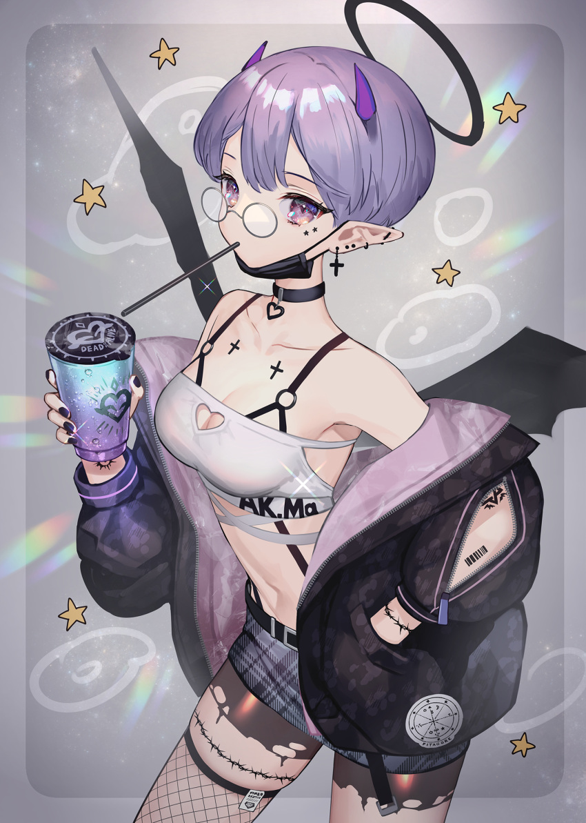 1girl bangs bare_shoulders black_choker black_jacket breasts choker cowboy_shot crop_top cup drinking_straw_in_mouth ear_piercing fishnet_legwear fishnets glasses grey_background grey_skirt halo hand_in_pocket highres hitowa holding holding_cup jacket long_sleeves looking_at_viewer mask mask_pull medium_breasts miniskirt mouth_mask off_shoulder open_clothes open_jacket original piercing pointy_ears purple_hair shirt short_hair skirt solo standing star_(symbol) thigh-highs violet_eyes white_shirt wings