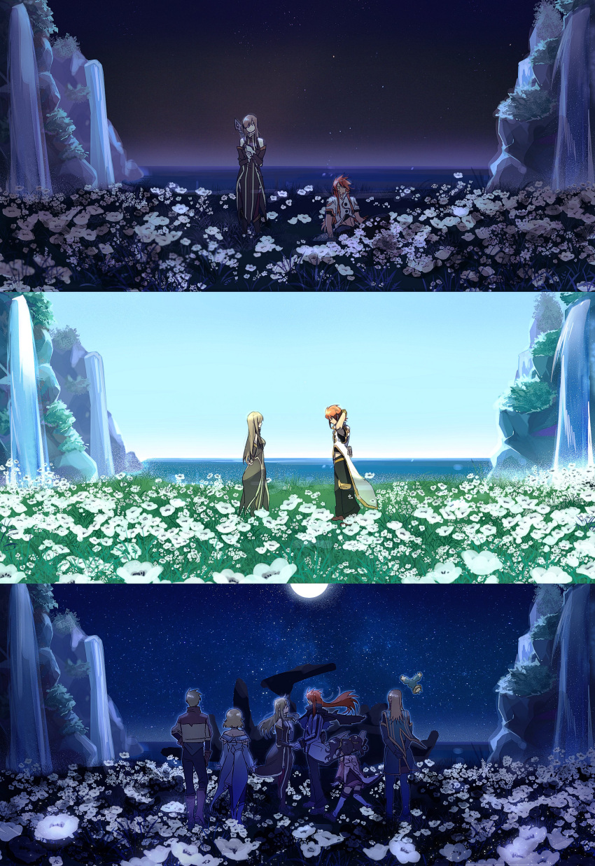 3boys 3girls absurdres anise_tatlin bangs bare_shoulders black_hair blonde_hair boots brown_hair clear_sky day day_and_night detached_sleeves dress field flower flower_field gloves guy_cecil highres holding holding_hands holding_weapon horizon jacket jade_curtiss long_hair looking_at_another luke_fon_fabre mieu moon moonlight mountain multiple_boys multiple_girls natalia_luzu_kimlasca_lanvaldear night night_sky ocean redhead short_hair sky sleeveless sleeveless_dress staff tales_of_(series) tales_of_the_abyss tear_grants weapon yacht_king