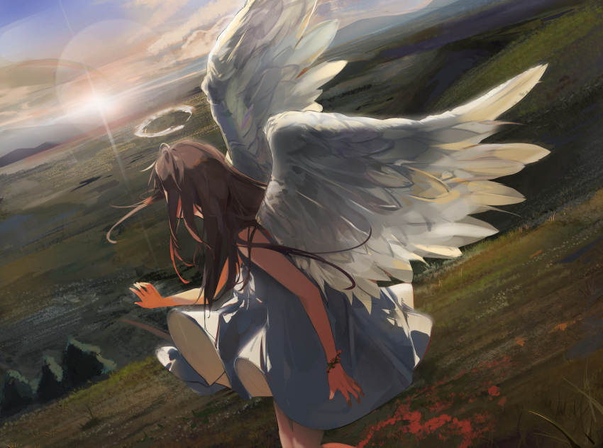 1girl absurdres angel angel_wings bangs bracelet brown_hair clouds dress from_side grass halo highres horizon jenmin12 jewelry long_hair looking_away mountain original scenery sky solo sunset white_dress wings
