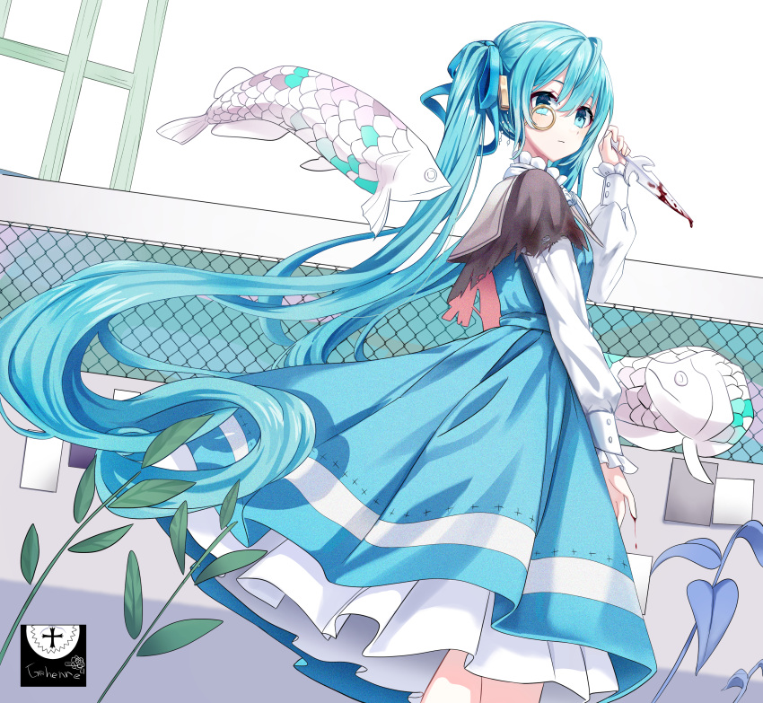 1girl absurdres aqua_eyes aqua_hair bangs bleeding blood blood_on_weapon blue_dress blue_hair blue_ribbon capelet chain-link_fence cross dress dutch_angle feet_out_of_frame fence fish flying_fish from_side hair_ribbon hand_up hatsune_miku highres holding holding_knife ille_(xcpa7325) injury knife long_hair long_sleeves looking_to_the_side monocle plant puffy_long_sleeves puffy_sleeves ribbon sailor_collar solo torn_clothes twintails very_long_hair vocaloid weapon