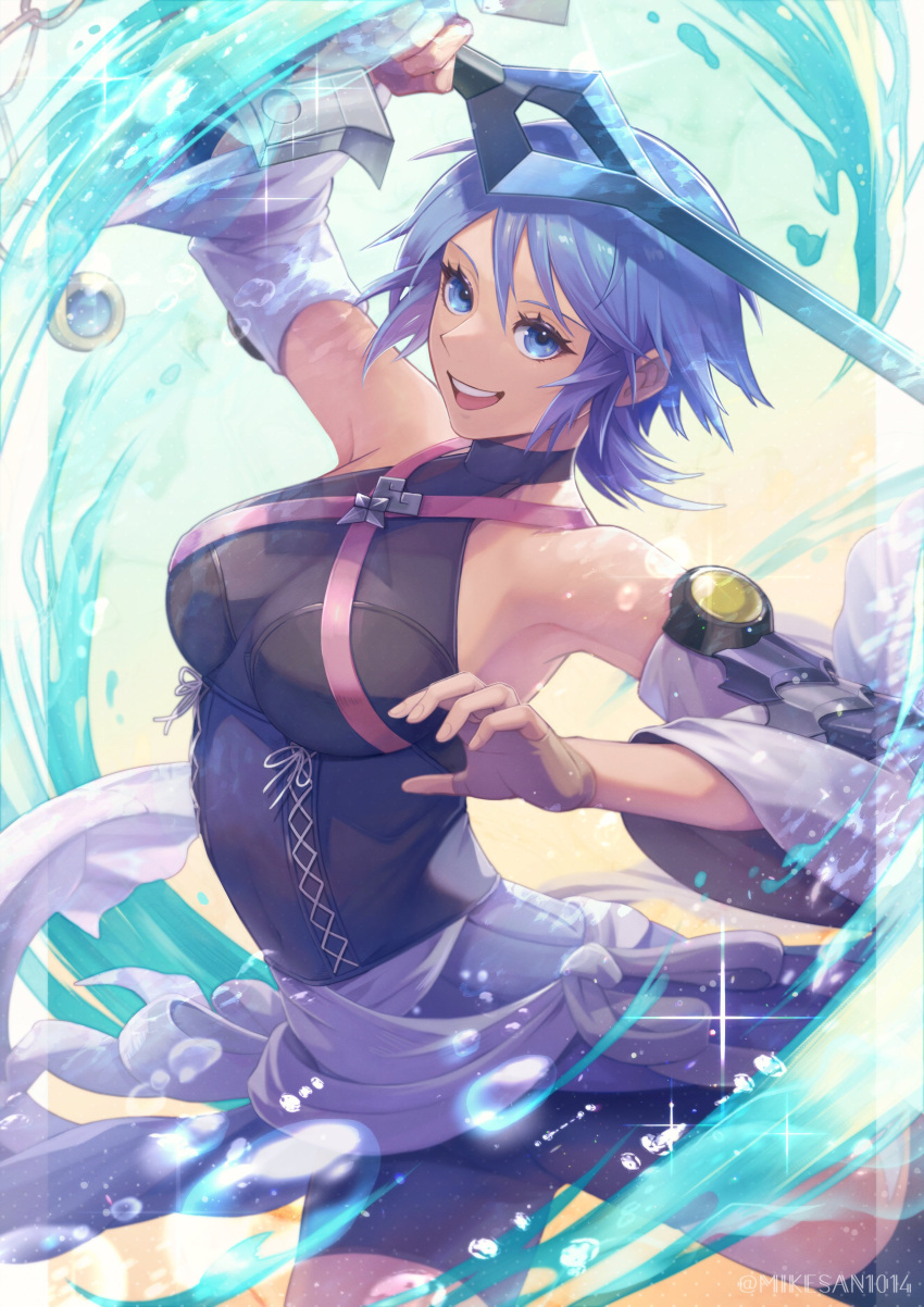 1girl absurdres aqua_(kingdom_hearts) armpits blue_eyes blue_hair breasts corset highres keyblade kingdom_hearts looking_at_viewer medium_breasts mike_(mike-neko-chip) open_mouth short_hair shorts smile solo tagme thigh-highs water