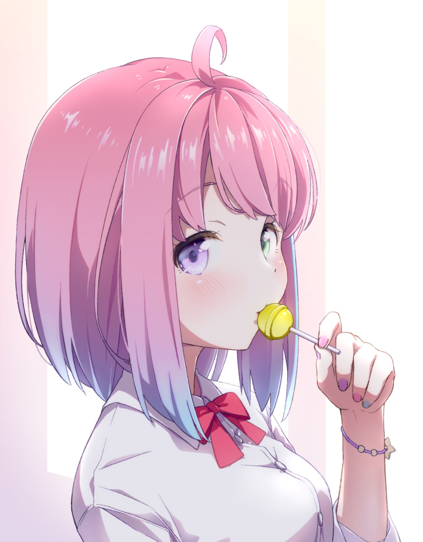 1girl ahoge bangs blue_hair blush bow bowtie candy collared_shirt eyebrows_visible_through_hair food food_in_mouth from_side gradient_hair green_eyes hand_up heterochromia highres himemori_luna holding holding_candy holding_food holding_lollipop hololive lollipop medium_hair meru_corone multicolored_hair multicolored_nails nail_polish pink_hair red_bow red_bowtie shirt sideways_glance solo streaked_hair violet_eyes virtual_youtuber white_shirt