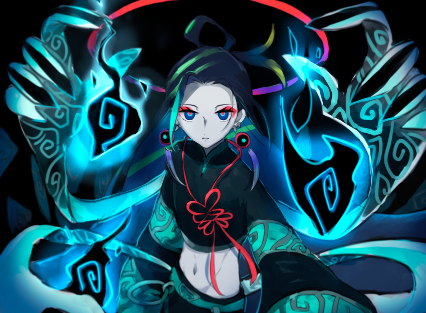 1boy black_background black_fire black_hair black_pants blonde_hair blue_eyes blue_hair chinese_clothes commentary_request crop_top earrings expressionless extra_hands eyeshadow fate/grand_order fate_(series) fire gloves highres jewelry long_hair long_sleeves looking_at_viewer makeup male_focus multicolored_eyes multicolored_hair navel pale_skin pants red_eyes red_eyeshadow simple_background solo taisui_xingjun_(fate) unabara_oo upper_body