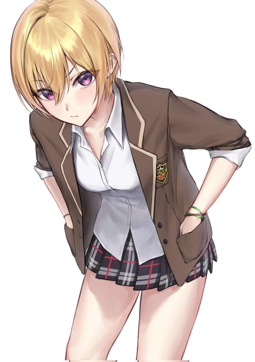 1girl blazer blonde_hair brown_jacket ear_piercing hands_in_pockets highres idolmaster idolmaster_shiny_colors jacket leaning_forward looking_at_viewer miniskirt monegi piercing plaid plaid_skirt pleated_skirt saijou_juri school_uniform short_hair skirt solo symbol-only_commentary thighs violet_eyes white_background