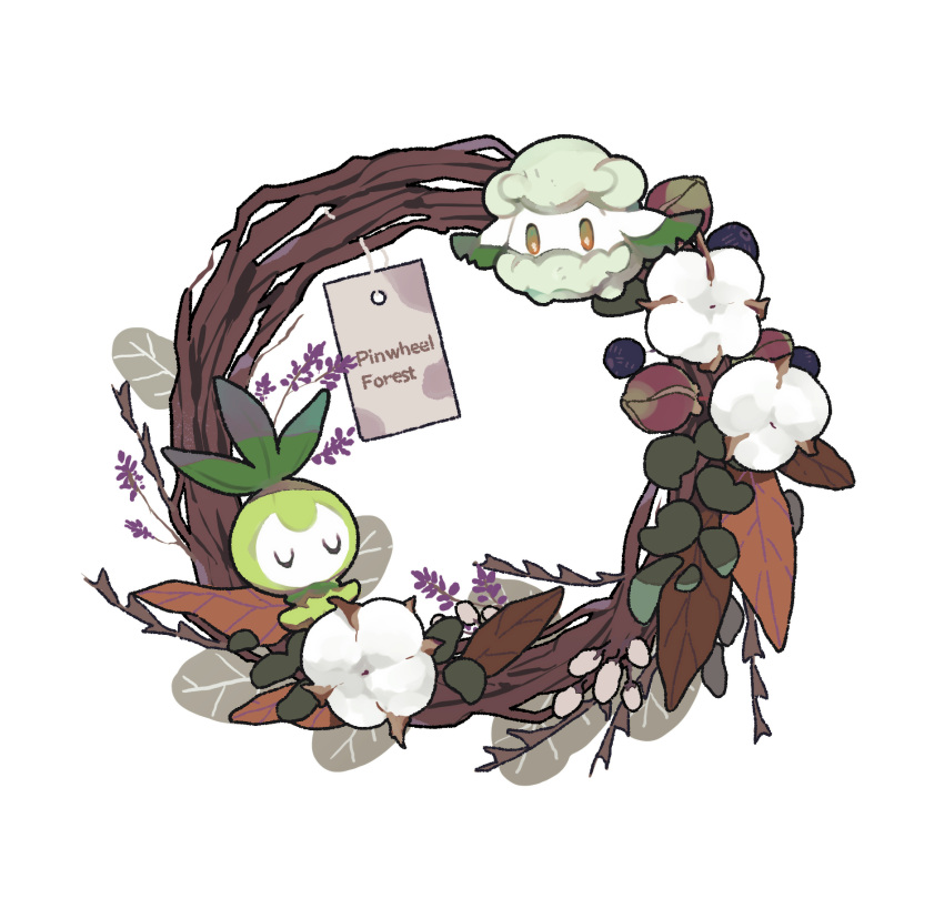 brown_eyes closed_eyes commentary_request cottonee flower highres label leaf looking_down mimura_(nnnnnnnnmoo) no_humans petilil pokemon pokemon_(creature) simple_background u_u white_background white_flower