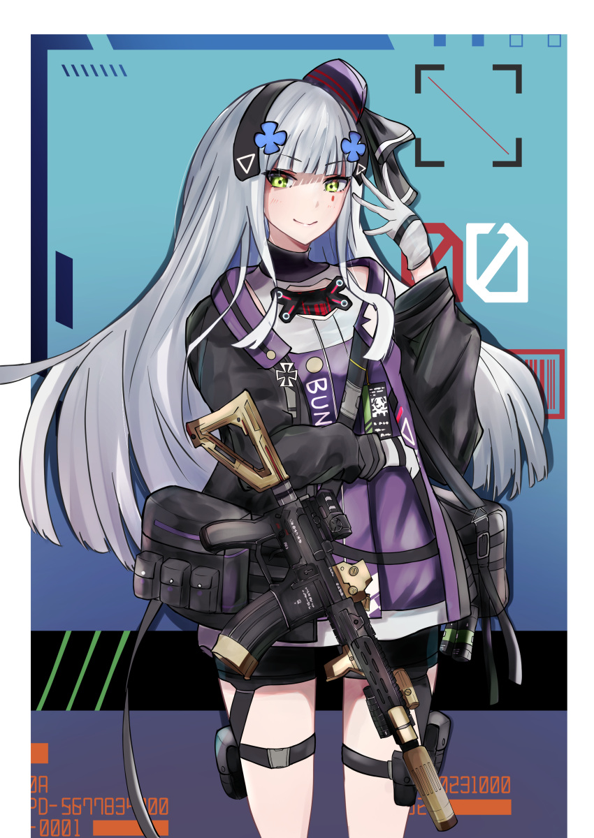 1girl absurdres arm_up assault_rifle bangs closed_mouth eyebrows_visible_through_hair feet_out_of_frame girls_frontline gloves green_eyes gun h&amp;k_hk416 hair_ornament hair_ribbon hairband hairclip hat highres hk416_(girls'_frontline) light_blue_hair long_hair looking_at_viewer mini_hat r9k1 ribbon rifle shading_eyes smile solo standing tactical_clothes teardrop_facial_mark teardrop_tattoo weapon white_gloves