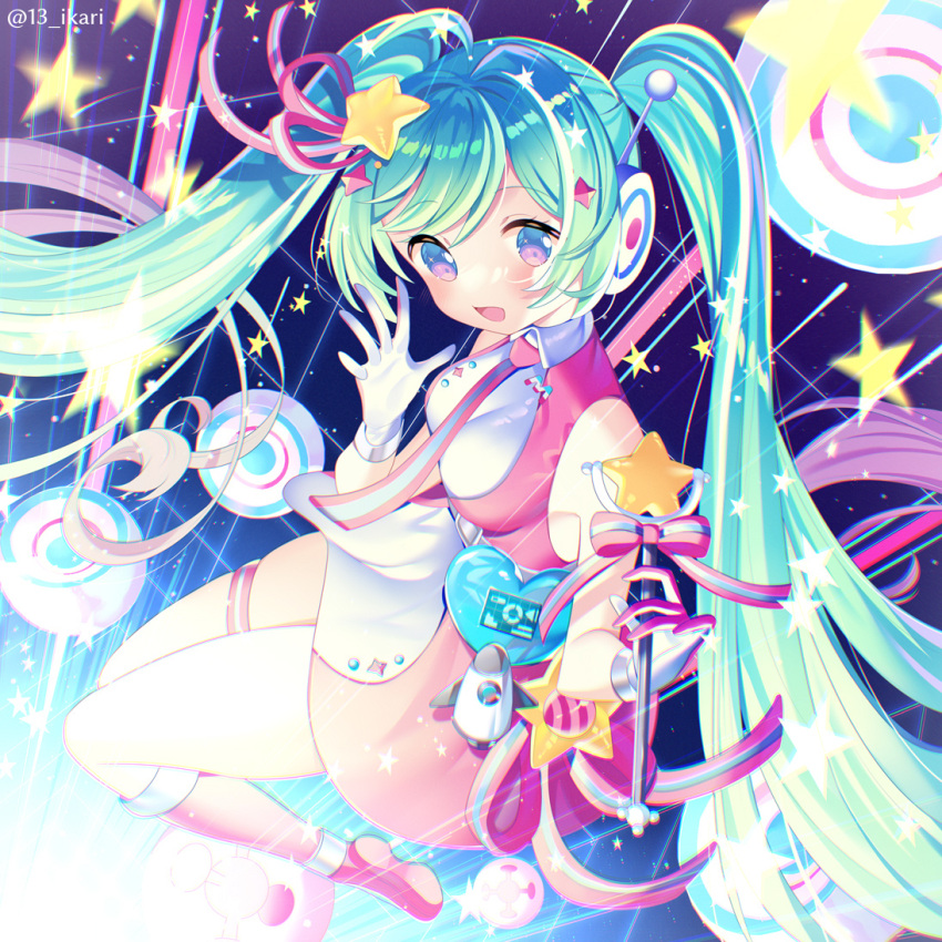 1girl :d ahoge bare_shoulders blue_eyes blush collared_dress commentary_request dress full_body gloves green_hair hair_ornament hand_up hatsune_miku headphones holding holding_wand ikari_(aor3507) kneehighs long_hair pink_dress pink_footwear pink_legwear shoes single_hair_intake sleeveless sleeveless_dress smile solo star_(symbol) star_hair_ornament twintails twitter_username very_long_hair vocaloid wand white_dress white_gloves
