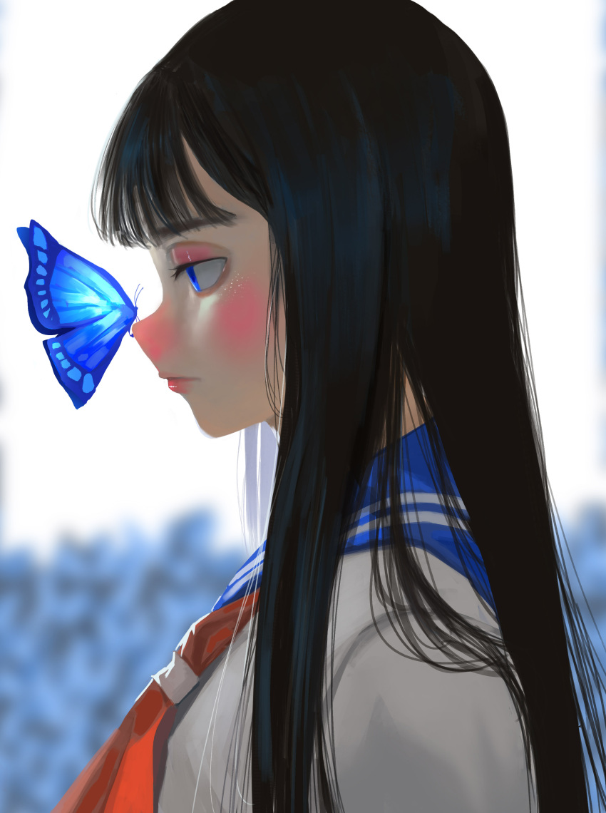 1girl absurdres bangs black_hair blue_butterfly blue_eyes blue_sailor_collar blurry blurry_background bug butterfly closed_mouth expressionless from_side grey_shirt highres long_hair neckerchief orange_neckerchief original portrait profile sailor_collar school_uniform shirt solo yamamimio