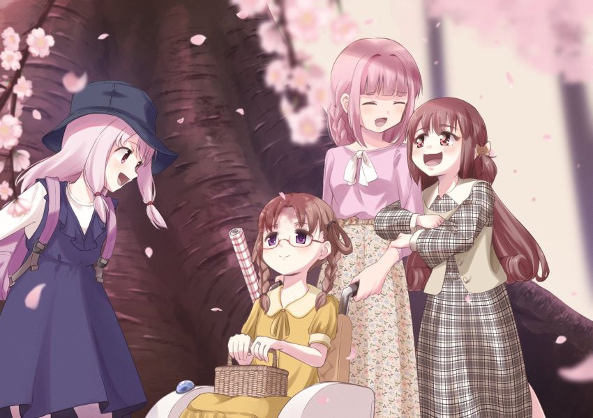 4girls bangs blunt_bangs braid brown_eyes brown_hair cherry_blossoms dress floral_print hair_rings hat highres hiiragi_nemu long_hair magia_record:_mahou_shoujo_madoka_magica_gaiden mahou_shoujo_madoka_magica medium_hair monznyan multiple_girls open_mouth parted_bangs petals pink_eyes pink_hair plaid plaid_dress satomi_touka short_hair sidelocks tamaki_iroha tamaki_ui tree twin_braids violet_eyes wheelchair