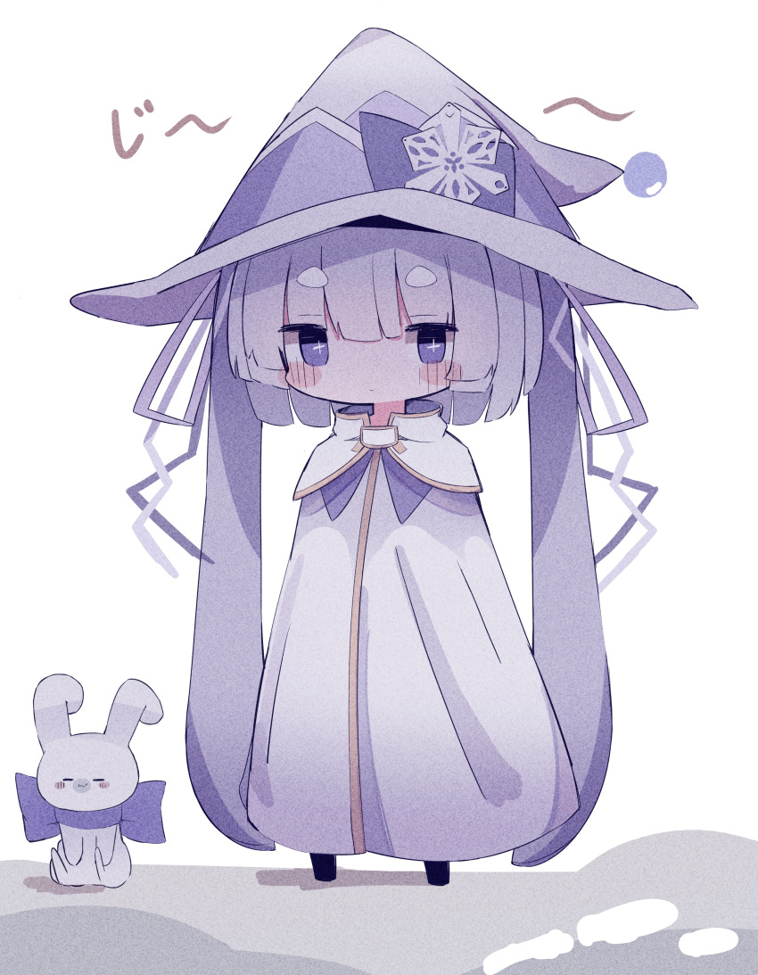 1girl 1other =_= absurdres animal blue_eyes blush_stickers bow bowtie chibi cloak expressionless film_grain full_body hair_ribbon hat hat_bow hatsune_miku highres jitome large_hat light_blue_hair looking_at_viewer pointy_hat rabbit rabbit_yukine ribbon sitting snowflake_ornament sparkling_eyes standing syare_0603 translated vocaloid white_background white_cloak white_headwear witch_hat yuki_miku yuki_miku_(2014)