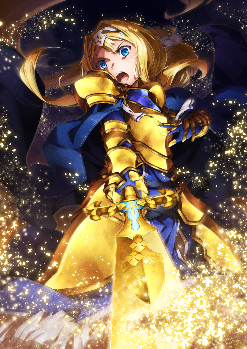 1girl absurdres alice_zuberg armor armored_dress bangs blonde_hair blue_dress blue_eyes breastplate dress faulds floating_hair from_below gauntlets hair_between_eyes hair_intakes hairband highres holding holding_sword holding_weapon long_hair looking_at_viewer oboro_neko open_mouth osmanthus_blade shoulder_armor solo standing sword sword_art_online very_long_hair weapon white_hairband