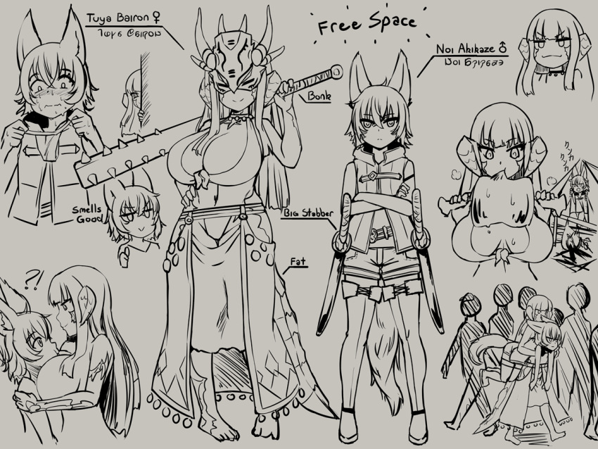 1boy 1girl animal_ears au_ra avatar_(ff14) belt between_breasts blush boned_meat boots breasts campfire carrying carrying_person carrying_under_arm cat_boy cat_ears cat_tail character_sheet club_(weapon) crossed_arms dragon_girl dragon_horns dragon_tail eating english_text final_fantasy final_fantasy_xiv food hand_on_hip head_between_breasts hime_cut horns jewelry large_breasts long_hair mask meat miqo'te monochrome necklace over_shoulder peeking_out revealing_clothes scales short_hair shorts sirachi skirt smile spiked_club sweat sword tail tent thong thumbs_up tuya_bairon underwear weapon weapon_over_shoulder