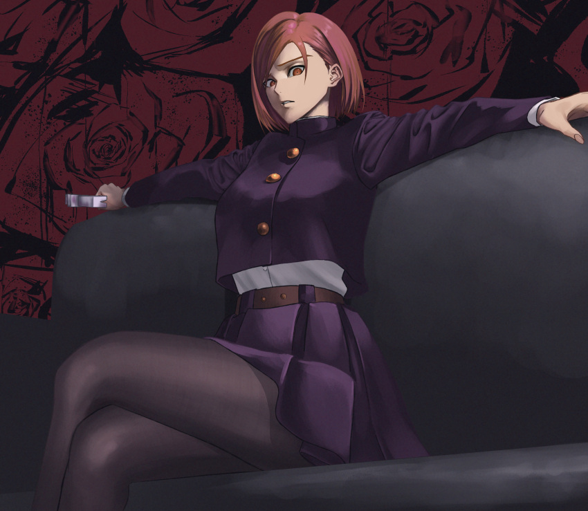 1girl belt black_legwear bob_cut breasts brown_belt brown_eyes brown_hair buttons couch cropped_jacket crossed_legs floral_background hammer highres holding holding_hammer jacket jujutsu_kaisen jujutsu_tech_uniform kugisaki_nobara looking_at_viewer on_couch outstretched_arms pantyhose parted_lips pleated_skirt purple_jacket purple_skirt rose_background school_uniform shirt shirt_tucked_in short_hair sitting skirt solo white_shirt yoshino_(laencl)