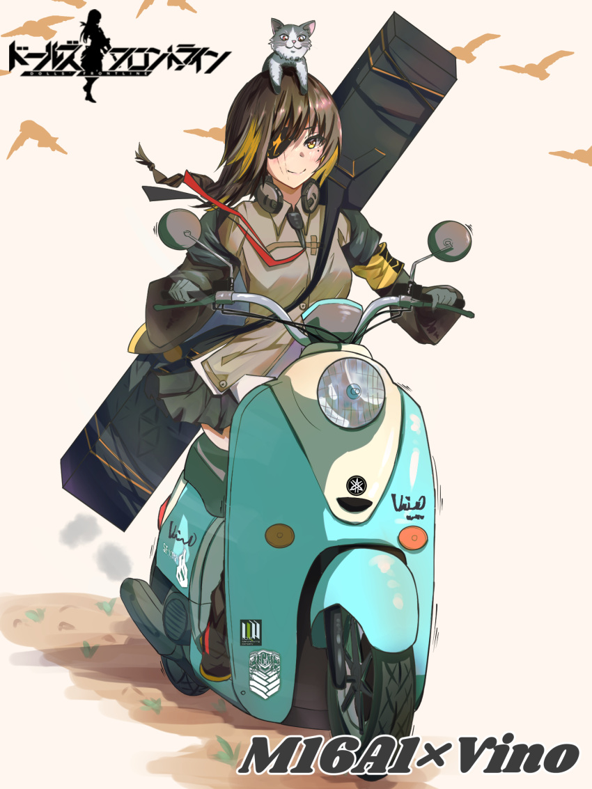 1girl bangs black_jacket black_skirt blush braid braided_ponytail breasts brown_hair cat character_name closed_mouth eyebrows_visible_through_hair eyepatch girls_frontline gloves grey_gloves ground_vehicle headphones headphones_around_neck highres jacket lips long_hair looking_at_viewer m16a1_(girls'_frontline) mole mole_under_eye moped motor_vehicle multicolored_hair open_clothes open_jacket r9k1 scar scar_on_face scooter shirt simple_background sitting skirt small_breasts smile solo vespa weapon_case yellow_eyes yellow_shirt