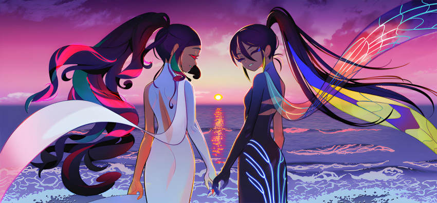 2girls absurdres beach black_skin closed_eyes colored_skin eyeliner fate/grand_order fate_(series) game_cg highres holding_hands looking_back makeup multicolored_hair multiple_girls official_art open_mouth ponytail siblings single_sleeve sisters smile streaked_hair sunset take_(illustrator) trung_nhi_(fate) trung_trac_(fate) vietnamese_dress wavy_hair