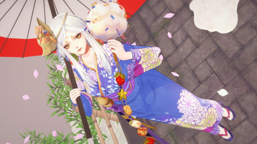 1girl 3d absurdres chibana_(artist) cotton_candy facial_mark food fox_mask from_above geta highres holding holding_food holding_umbrella inari_miketsu_(onmyoji) japanese_clothes kimono koikatsu_(medium) mask mask_on_head miketsu_(onmyoji) mole mole_under_mouth official_alternate_costume oil-paper_umbrella onmyoji outdoors petals print_kimono umbrella white_hair yellow_eyes yukata