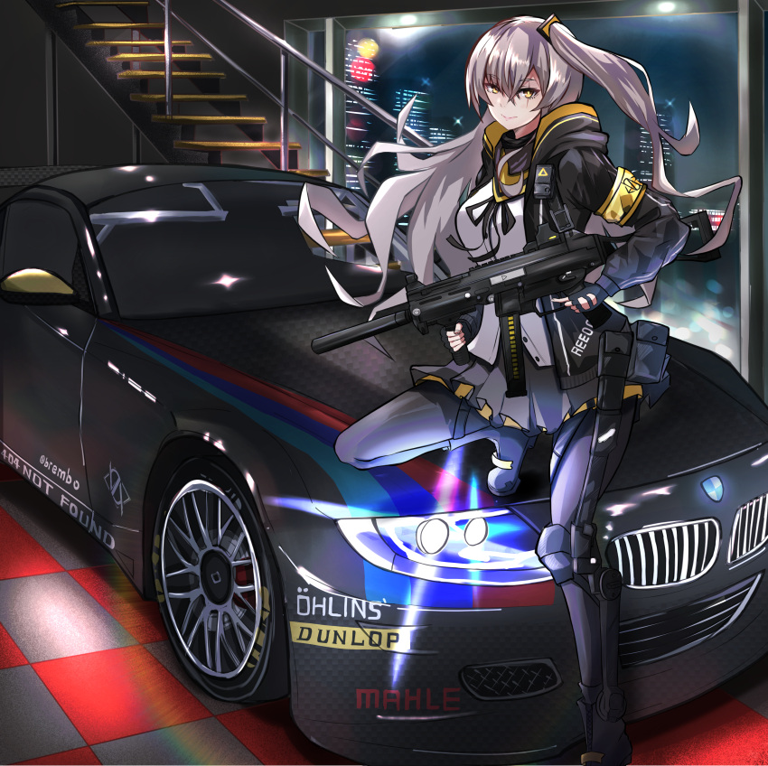 1girl absurdres bangs black_footwear black_gloves black_jacket black_legwear black_ribbon black_skirt boots building car cityscape closed_mouth eyebrows_visible_through_hair fingerless_gloves girls_frontline gloves grey_hair ground_vehicle gun h&amp;k_ump h&amp;k_ump45 hair_ornament hairclip highres holding holding_gun holding_weapon hood hooded_jacket jacket knee_pads light_brown_eyes lips long_hair looking_at_viewer motor_vehicle neck_ribbon night night_sky open_clothes open_jacket pantyhose r9k1 ribbon scar scar_across_eye shirt side_ponytail skirt sky smile solo sports_car standing standing_on_one_leg submachine_gun ump45_(girls'_frontline) weapon white_shirt