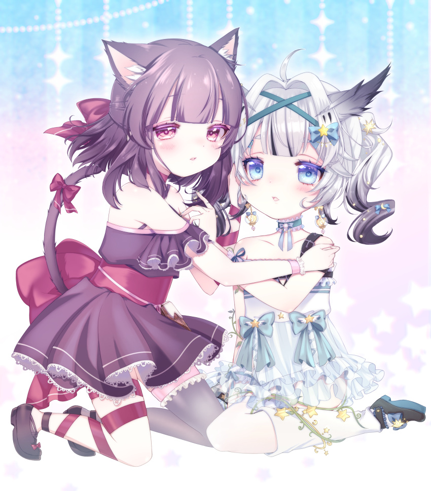 2girls :o absurdres ahoge animal_ears bangs bare_shoulders bird black_dress black_footwear black_hair blue_choker blue_eyes blue_headwear blue_ribbon blush bow brown_hair cat_ears cat_tail chocolate choker commentary_request commission commissioner_upload criss-cross_halter dress eyebrows_visible_through_hair fallenshadow flat_chest food-themed_clothes food-themed_ornament frilled_dress frilled_legwear frills full_body gradient gradient_background grey_legwear hair_bow hair_ornament halterneck hand_on_another's_face highres holding_another's_arm indie_virtual_youtuber looking_at_viewer medium_hair mikazuki_silvi multicolored_hair multiple_girls off_shoulder open_mouth owl owl_ears petite pink_background pink_bow pink_choker pink_eyes pink_ribbon ribbon ribbon_choker ro_(igris-geo) seiza short_dress sidelocks simple_background single_thighhigh single_wristcuff sitting skeb_commission star_(symbol) star_hair_ornament tail tail_ornament tail_ribbon thigh-highs virtual_youtuber waist_bow white_background white_dress white_hair white_legwear wrist_cuffs