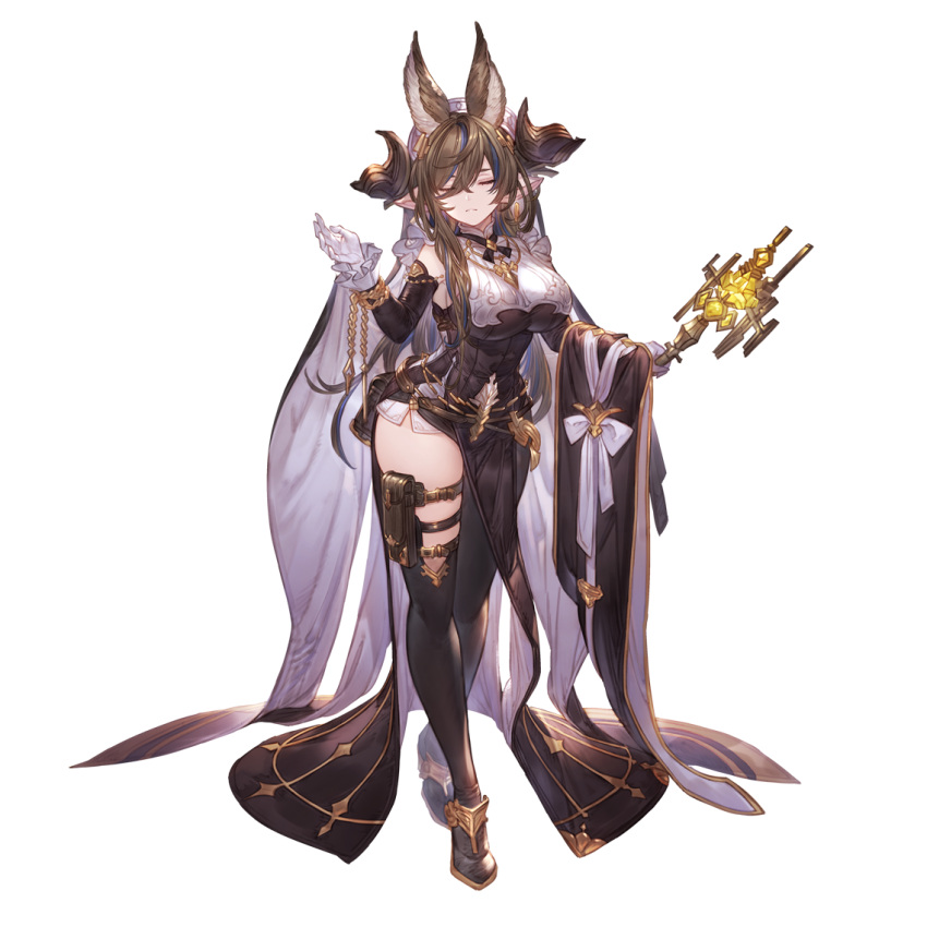 1girl animal_ears asymmetrical_legwear bangs blue_hair breasts brown_hair closed_eyes closed_mouth detached_sleeves dress facing_viewer galleon_(granblue_fantasy) gloves granblue_fantasy hair_between_eyes hand_up holding horns large_breasts long_hair minaba_hideo multicolored_hair official_art pointy_ears shoes side_slit single_thighhigh solo standing streaked_hair thigh-highs thigh_pouch third-party_source transparent_background two-tone_hair white_gloves